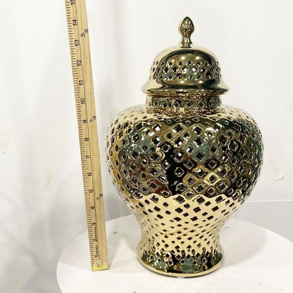 Artline‎ Gold Tone Lattice Ginger Jar Traditional Pierced Medium Size - Picture 2 of 7